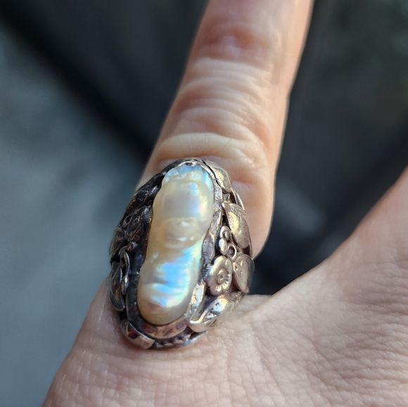 925 Sterling Silver Jewelry - Handmade Sterling Silver 925 Vintage Baroque Pearl Floral Ring Sz 3